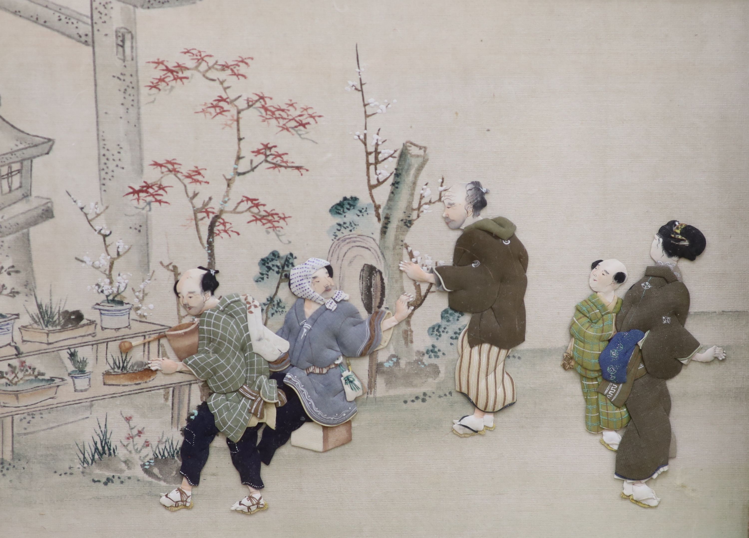A set of four Chinese or Korean painted fabric collages, circa 1950, depicting interiors scenes with figures, framed, 19 x 26cm